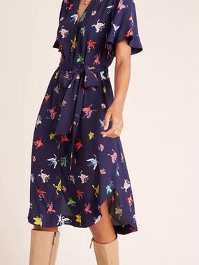 Maeve Anthropologie Butterfly Print Midi Dress Navy Button Front Pockets Medium